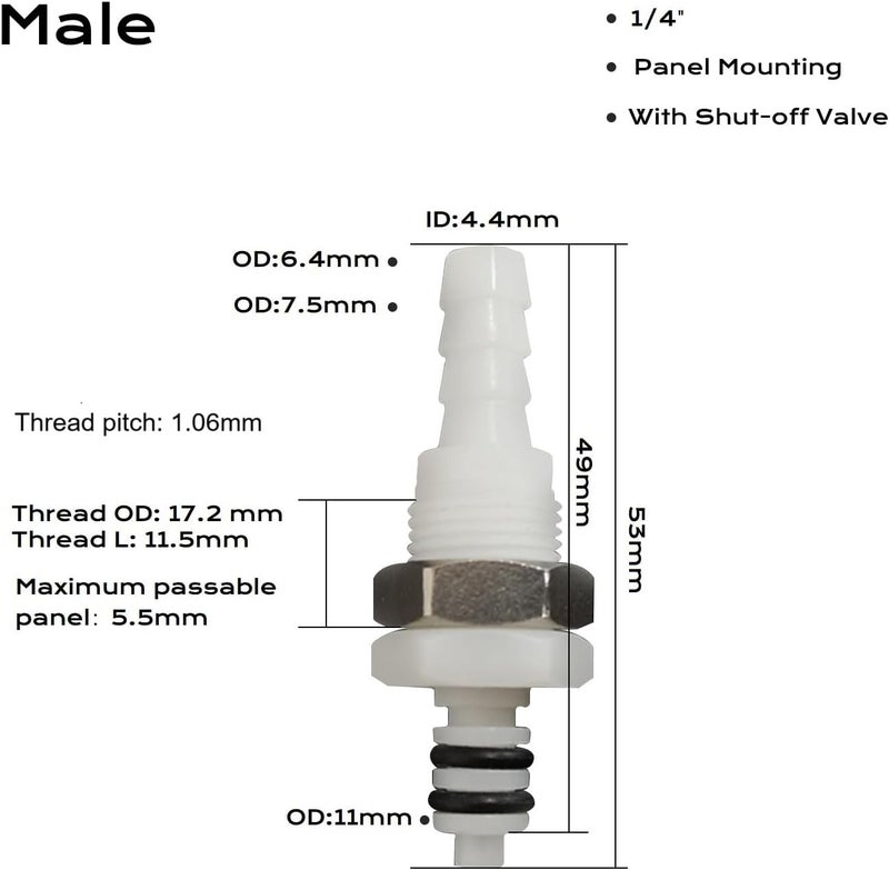 BBTUS 2PCS 1/4" 3/8" 5/16" Plastic Tube in-line Hose Quick Connector with Shut-Off valve, Panel Mounting Quick Release Coupling, Male Quick Connect Barbed Fittings (2x Male Connector) - Image 2